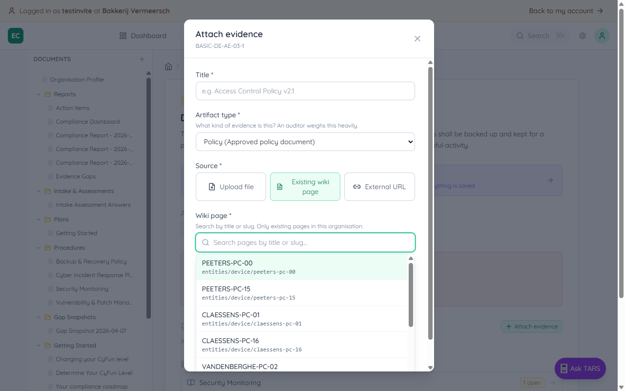 Attach evidence modal with Existing wiki page source selected and the dropdown showing eight wiki pages — titles with slugs underneath (entities/device/peeters-pc-00, policies/access-policy, …)