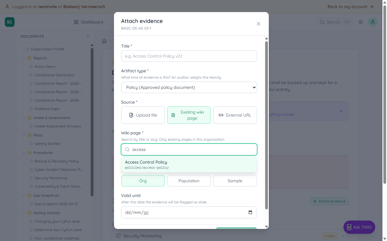 Wiki picker with the query 'access' typed — the dropdown is filtered to a single match, Access Control Policy with slug policies/access-policy