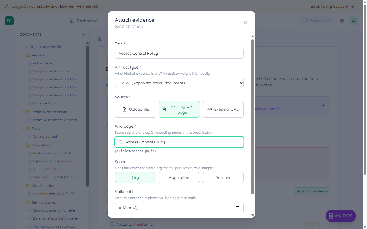 After picking a page: the title field is auto-filled with 'Access Control Policy', the wiki page input shows the selected title and the slug policies/access-policy is shown in mono below the input