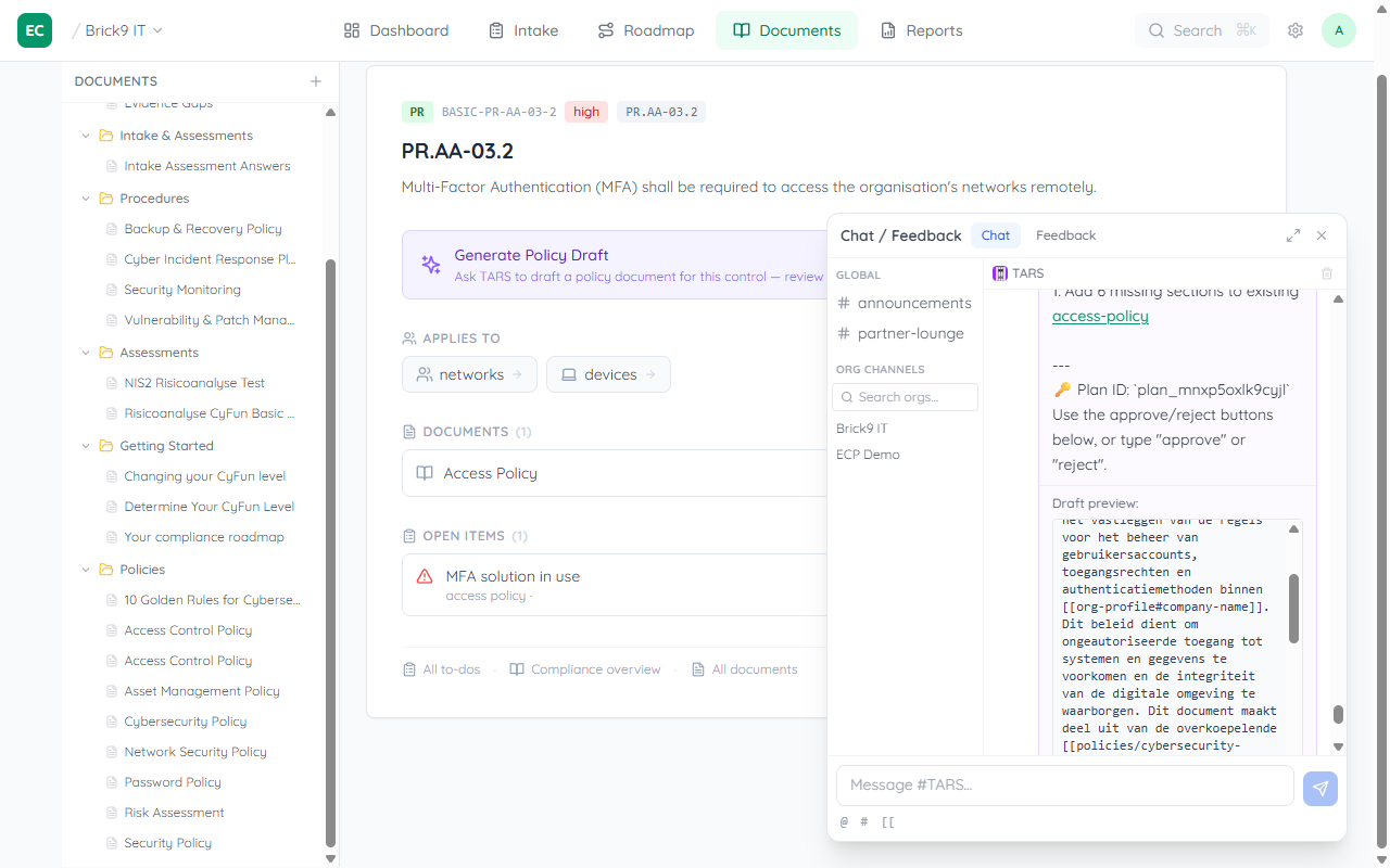 TARS chat showing the completed policy draft with a link to the saved wiki page