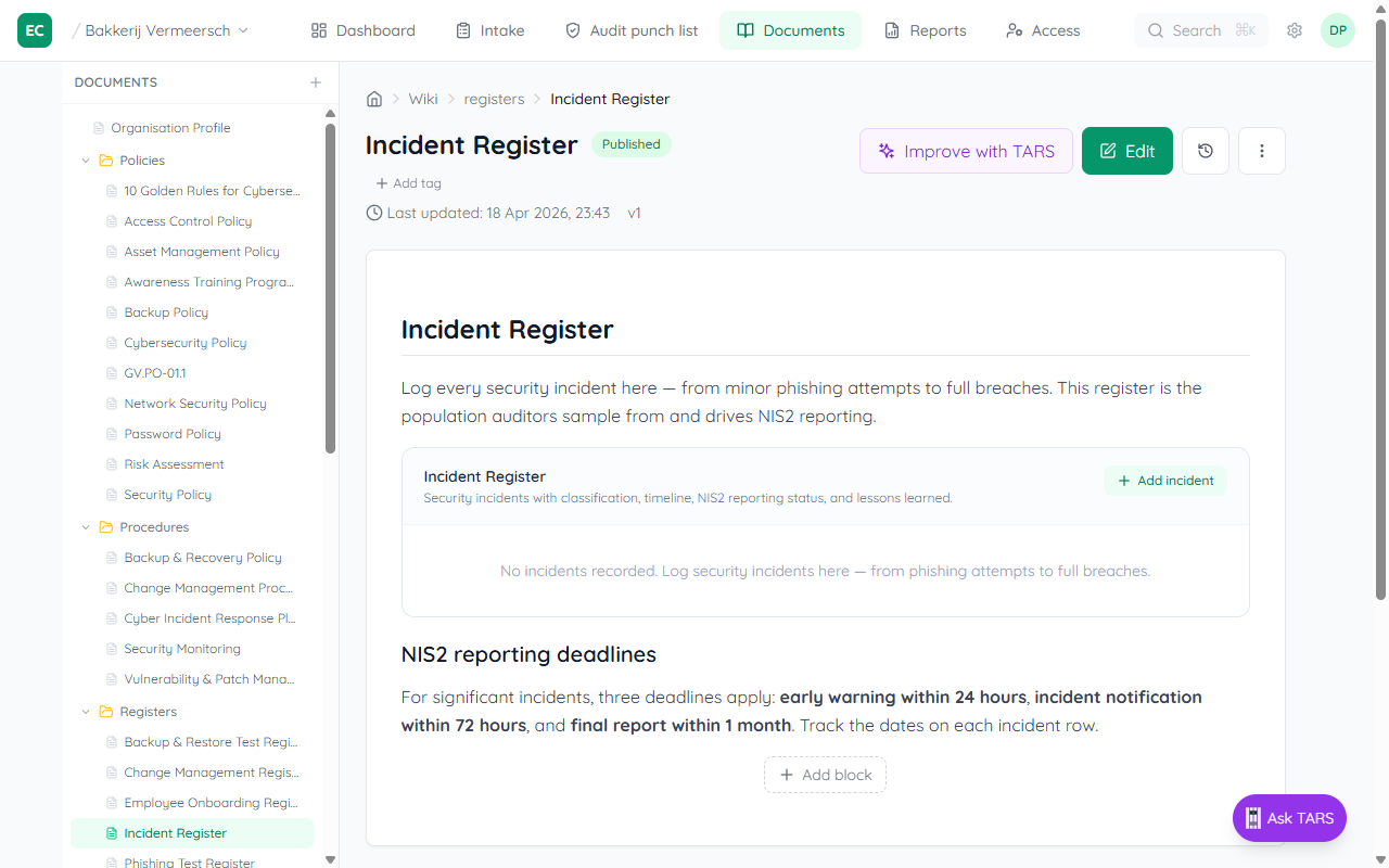 Incident Register page with the Add incident button, an empty-state message, and a reminder banner for the NIS2 24-hour, 72-hour, and one-month reporting deadlines