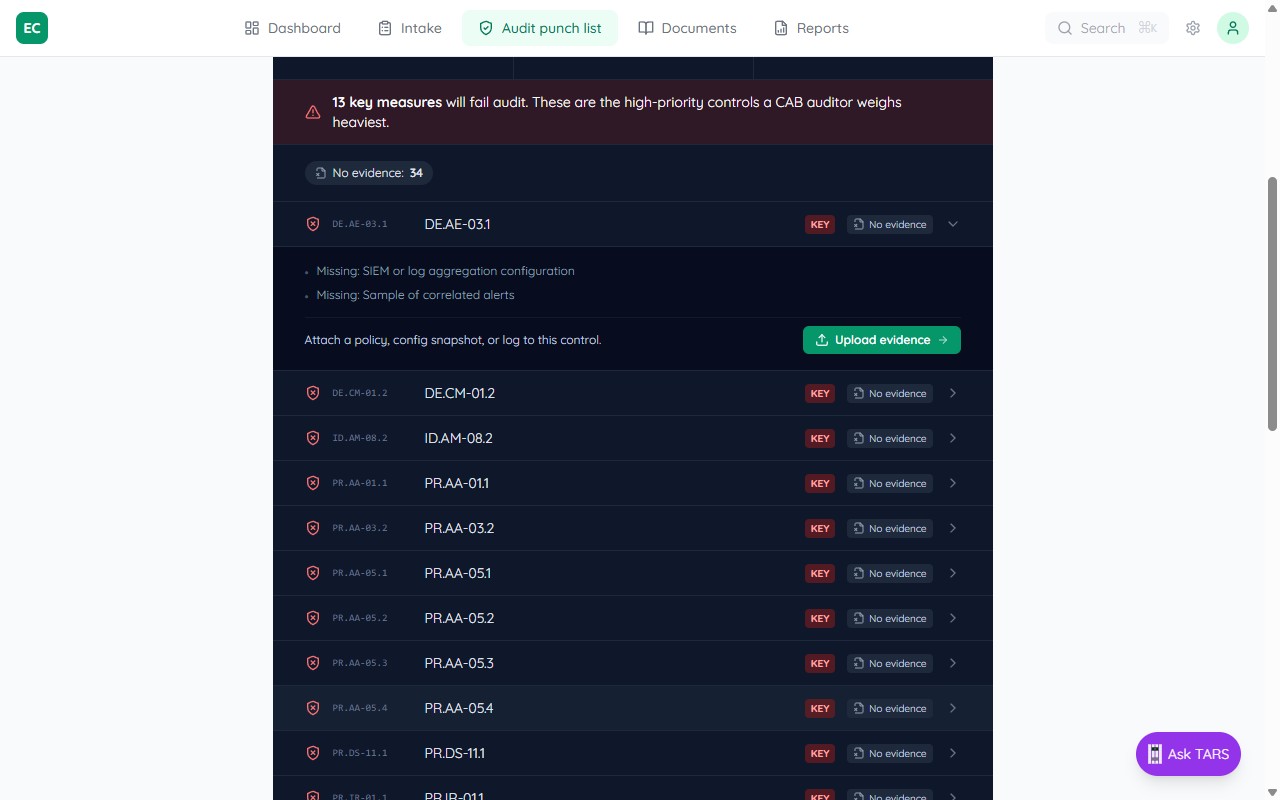 Expanded finding for DE.AE-03.1 showing two missing-evidence bullets (SIEM configuration, correlated alerts sample), the hint Attach a policy config snapshot or log to this control, and a blue Upload evidence button