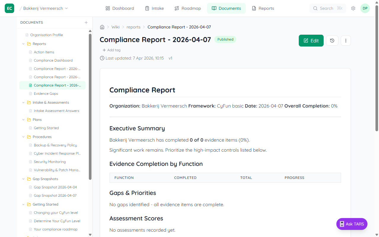 Generated compliance report wiki page titled Compliance Report 2026-04-03 showing organisation Bakkerij Vermeersch, CyFun basic framework, Executive Summary, Evidence Completion by Function table, and Gaps and Priorities sections
