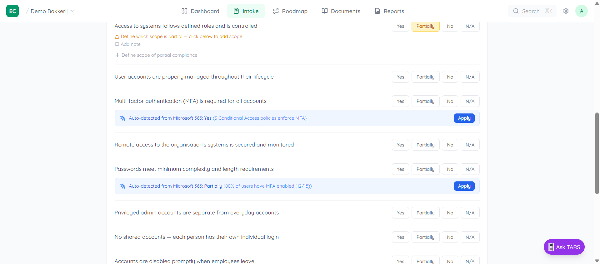 Assessment questions showing blue auto-detection banners from Microsoft 365 with Apply buttons, suggesting Yes for MFA enforcement and Partially for MFA coverage