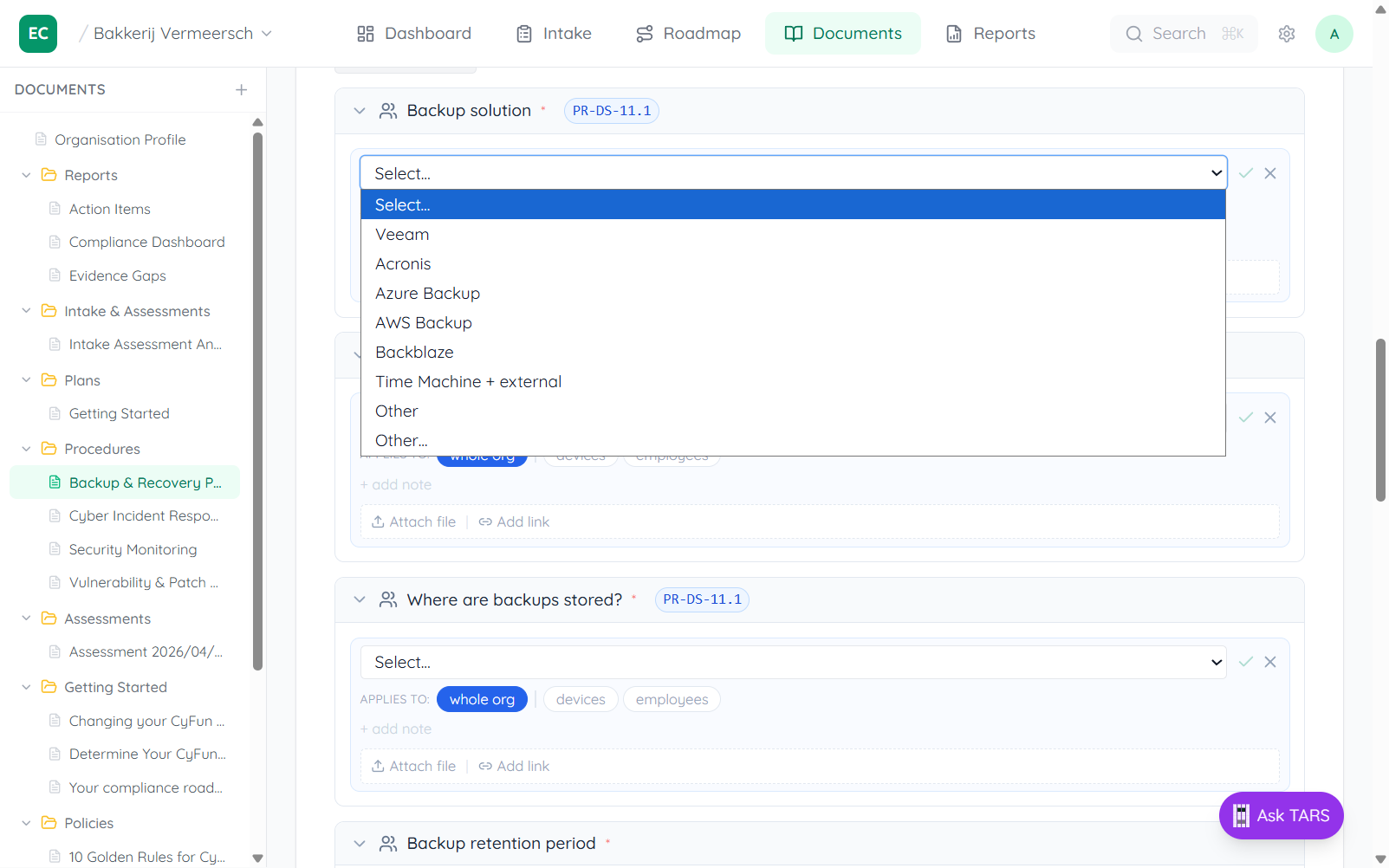Backup solution dropdown open showing options: Select, Veeam, Acronis, Azure Backup, AWS Backup, Backblaze, Time Machine plus external, Other