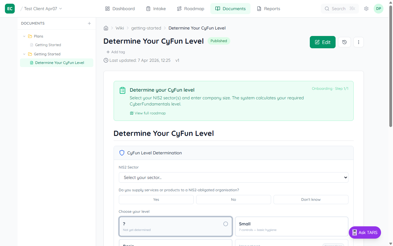 CyFun Level Assessment document showing sector dropdown, supply chain question, and tier selection buttons (Small, Basic, Important, Essential)