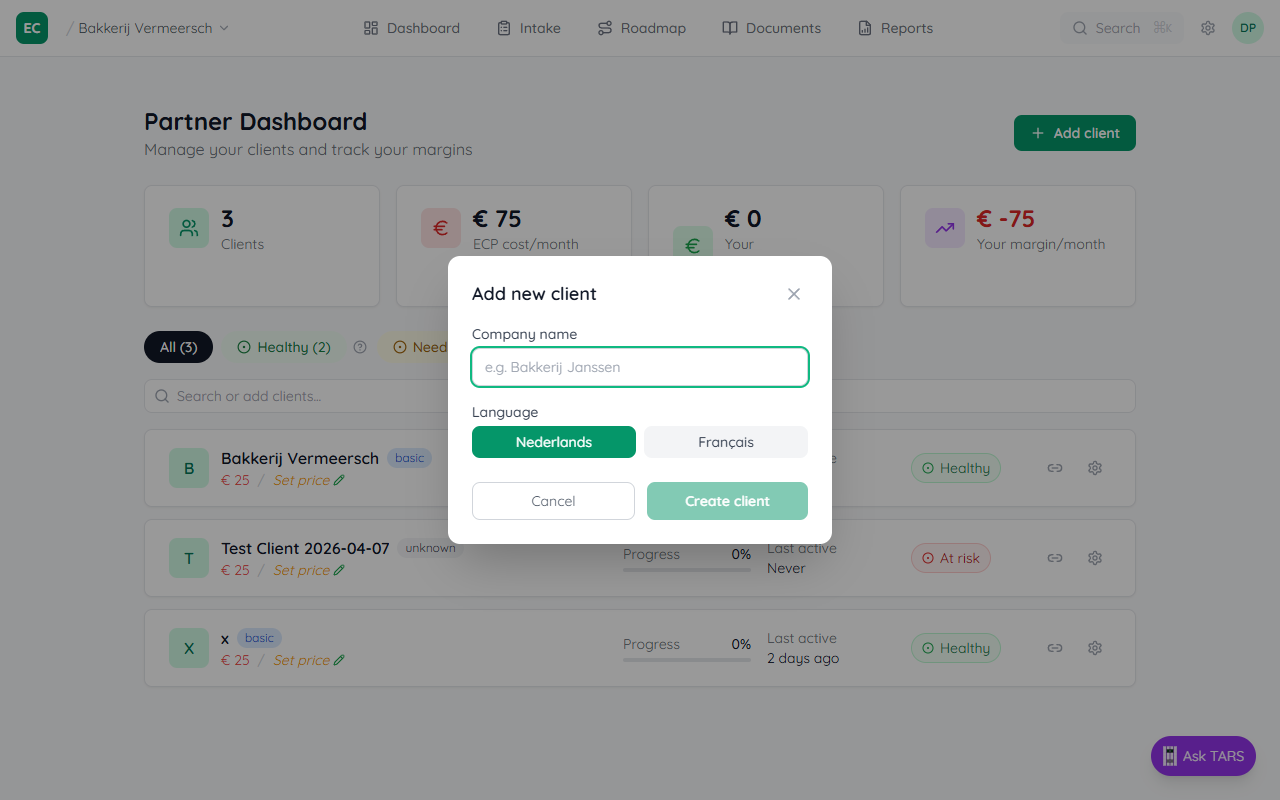 Add client modal with company name field and language selector showing NL, FR, EN options
