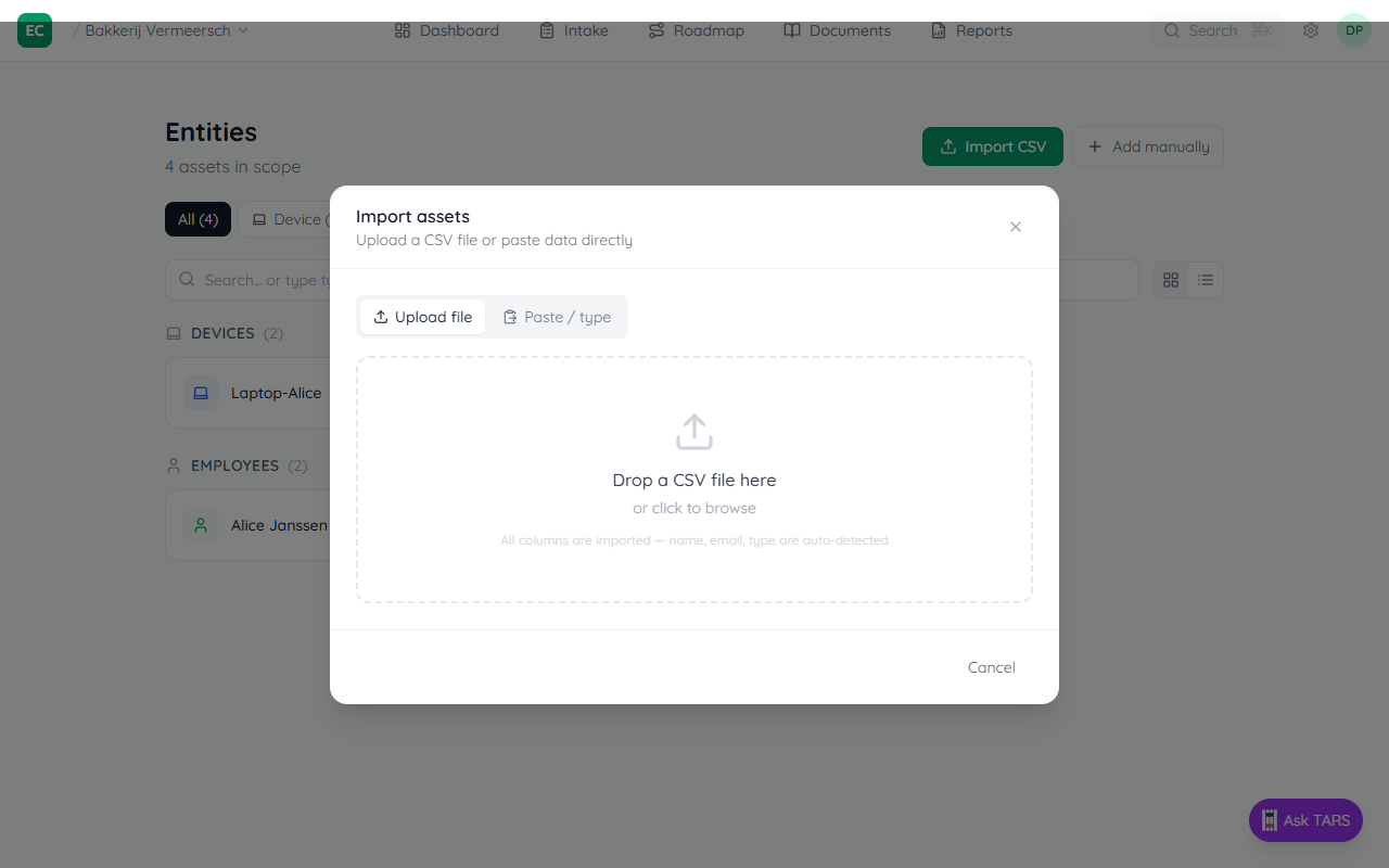 CSV import modal showing dashed drop zone with upload icon, and two tabs: Upload file and Paste