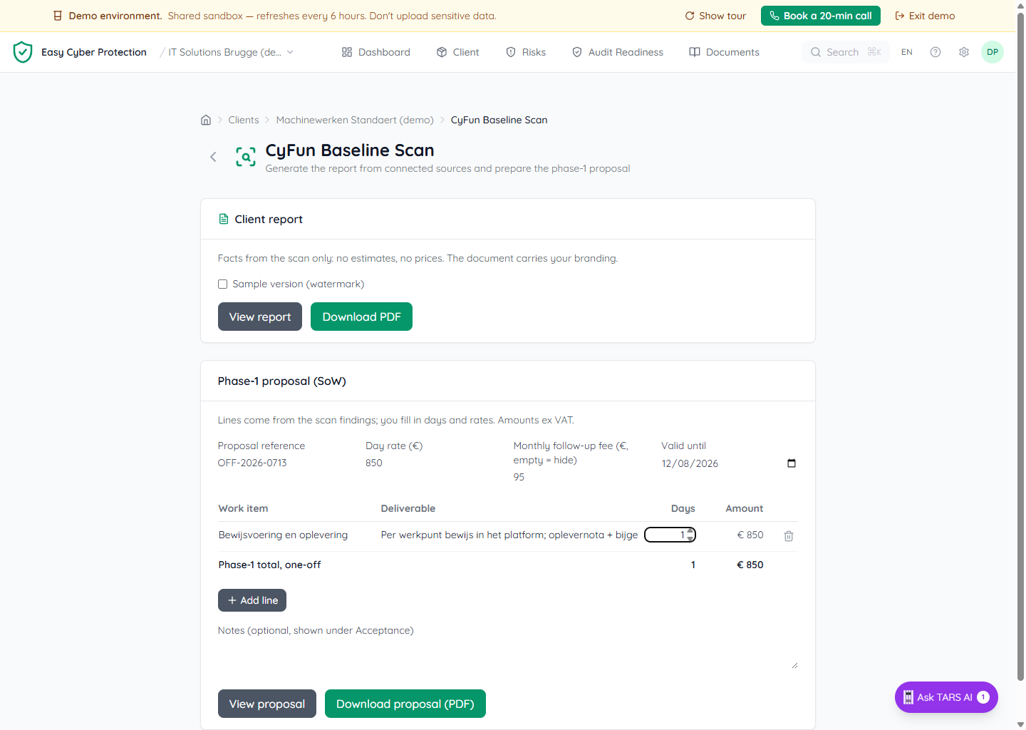 CyFun Baseline Scan page with a Client report card (View report, Download PDF, sample-watermark toggle) above a Phase-1 proposal editor showing a day-rate field, monthly follow-up fee, validity date, and an editable line table with a live amount column