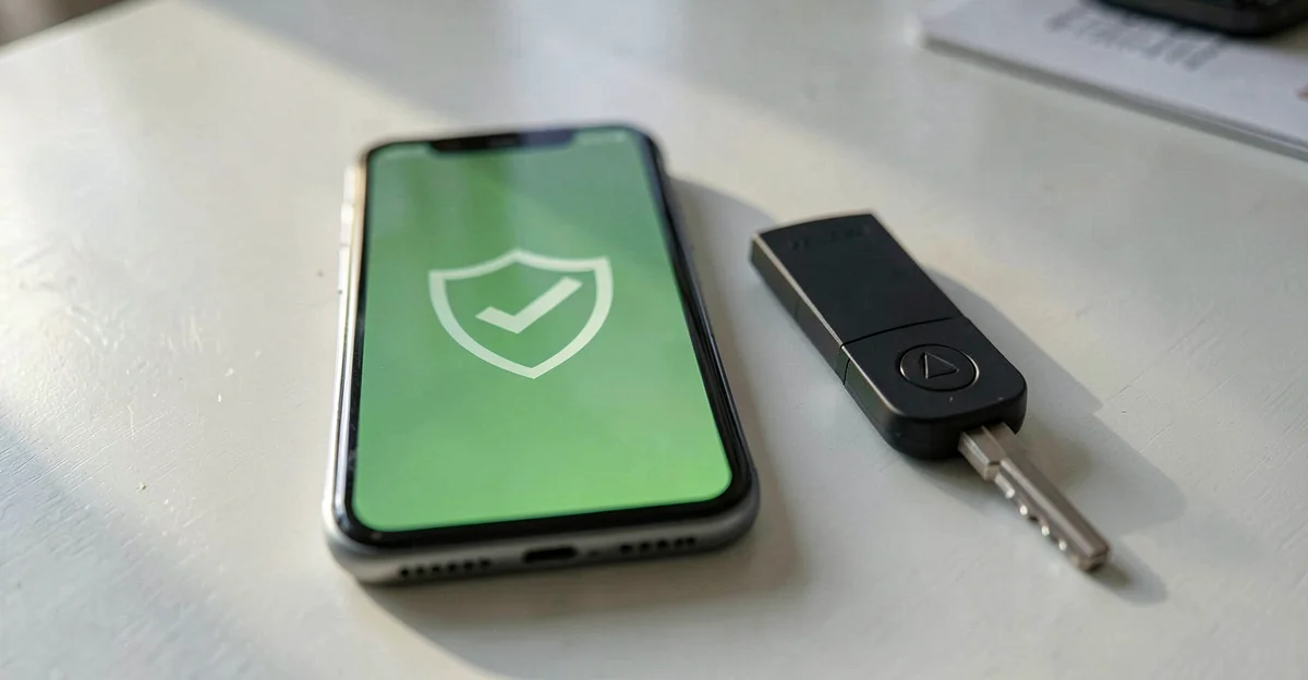 Smartphone with authenticator app next to security key