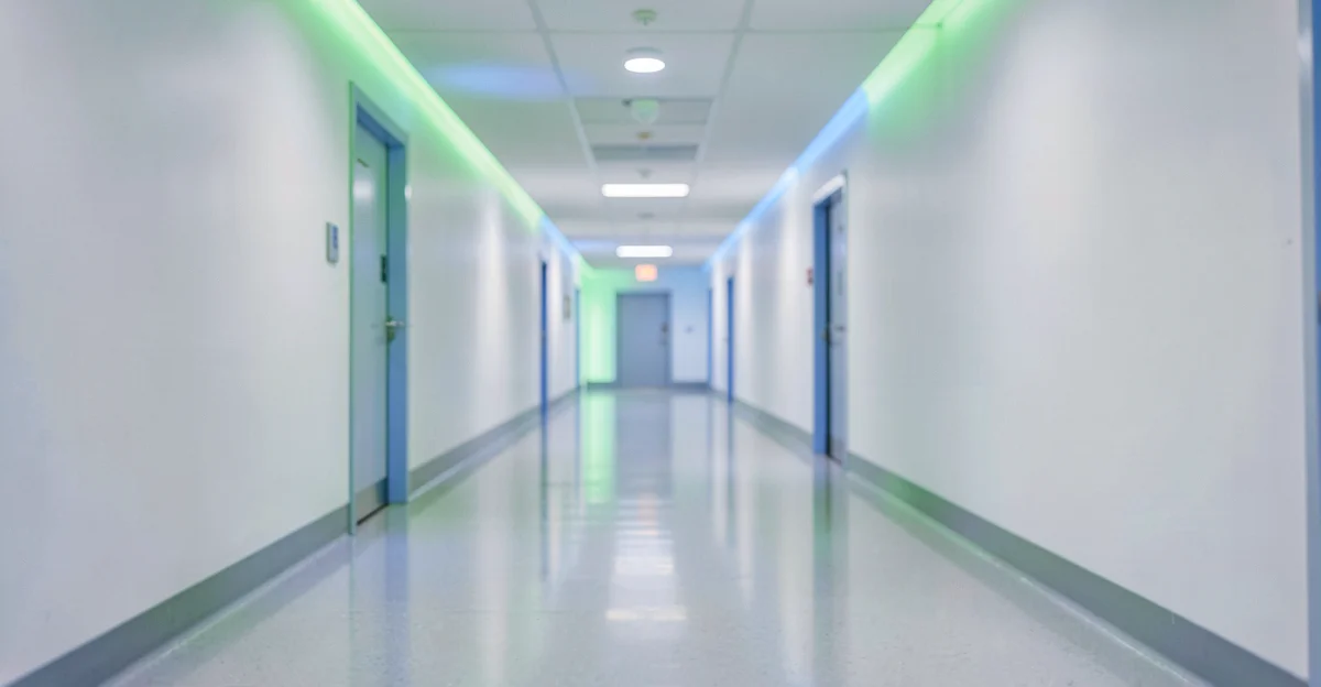 Modern hospital corridor with protective lighting - healthcare cybersecurity