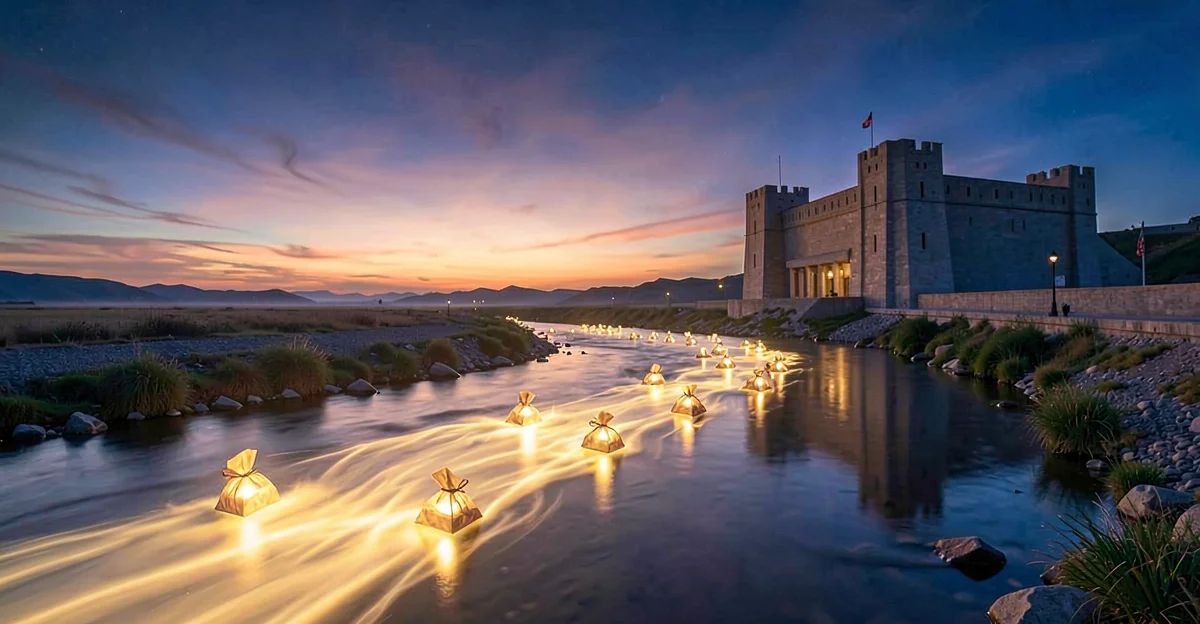 Golden light river carrying updates toward a secured structure